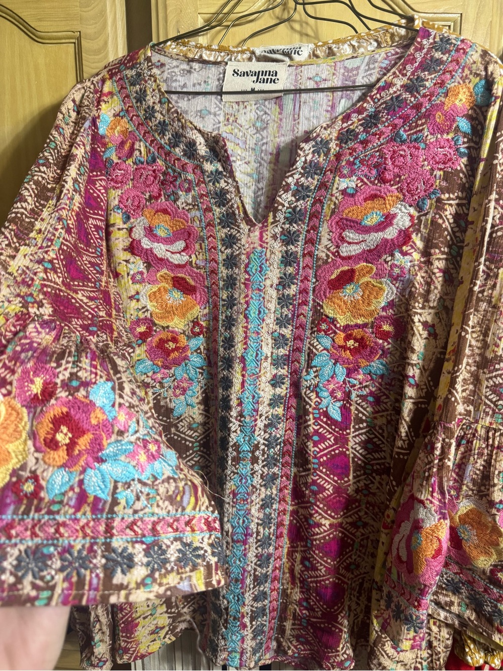 Savanna Jane Multicolor Floral Embroidered Boho Blouse - Pink, Turquoise, Gold